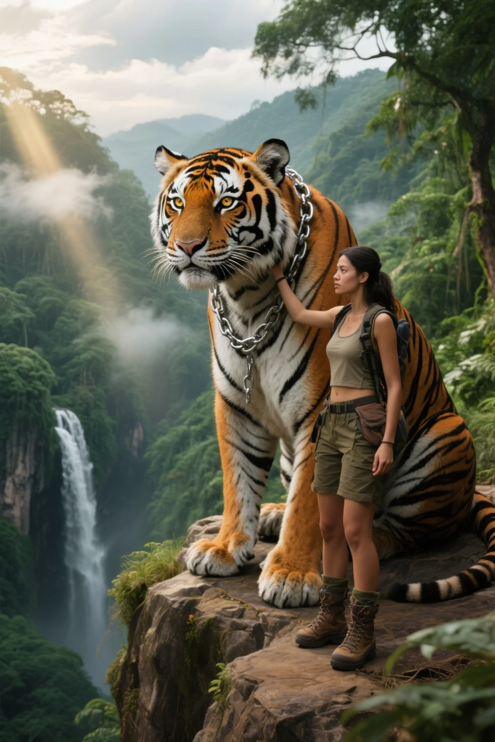 A giant wild saber-toothed tiger and a beautiful primitive girl both walk away from the camera. (Highlight: 1.5) (Photorealistic: 1.1) (Bokeh) (Best Quality) (Skin, Pores, Detailed Hair Texture: 1.1) (Hard) (8k) (HDR) (Wallpaper) (Cinematic Lighting) (Sharp Focus)