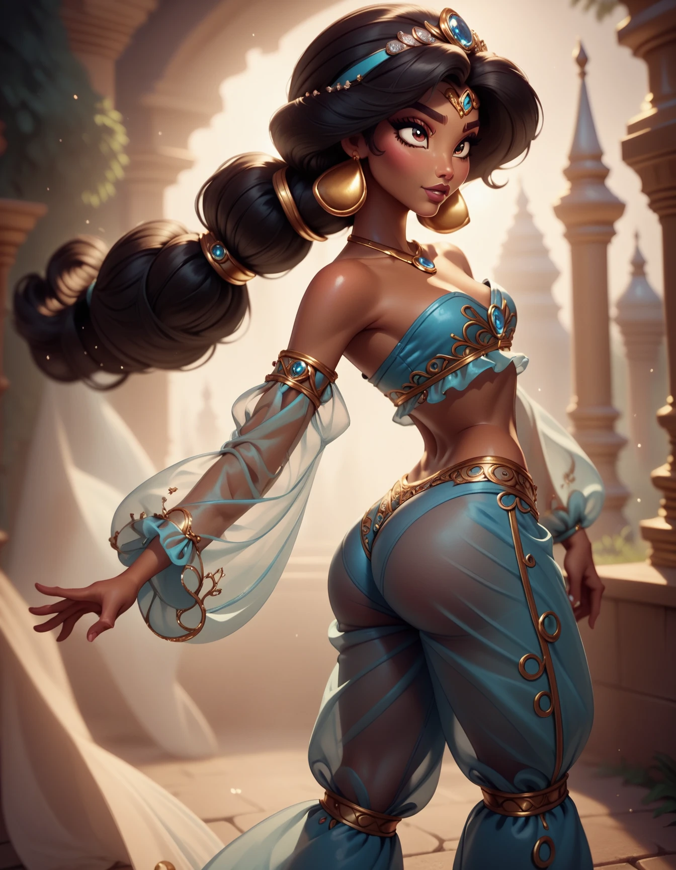 NSFW. Nude. (((1girl))), (((23years))), ((full body shot)), (((back view))) Jasmine lying on a silk bed, Arabian, ((legs spread)), diadem with blue gem, jewelry, bracelets on arms, anklets on legs, colorful silks, Arabian setting, flowers, ((highly detailed)), (((masterpiece))) Hyacinth