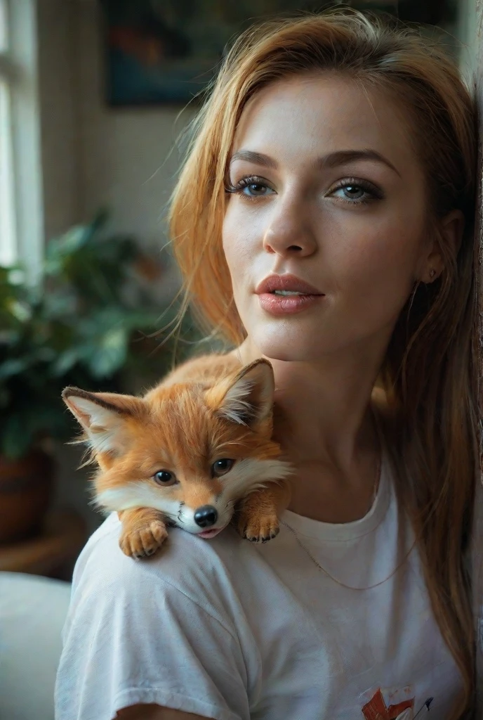 An angry girl with red hair on her face, sexy freckles, freckles on her face and hair, red, thin and elegant, short hair on her hand, an evil fox.