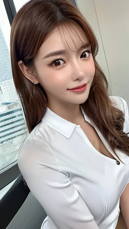 Dress shirt,masterpiece), (highest quality), (Very detailed), 1 girl, Sexy pose, Happy, Looking at the audience, Big Hair, Brown Hair, office ((alone)) ,anxiety, blush, mischief,From below,Because I'thin,(Shiny skin, Wet Skin:0.8),length, Wet voice, Beautiful breasts,