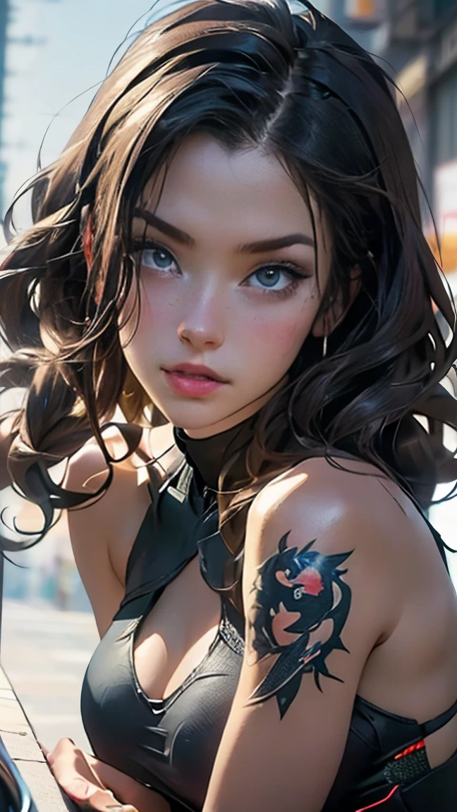Superhero Girl ("Elle Fanning"), (slender body:1.3), emitting, sparkling, neon, (Correct anatomy:1.4), Revealing bikini. A very beautiful, well-groomed girl, with clear skin, beautiful lips, and a slight smile on her face. Beautiful figure, modern clothes, cool modern couture dress. Sexy. Presentation background, neutral gray-blue, in virtual space. Top quality, 16k. Full HD, Cinematic rendering. Create a piece of art that captures baby Michela's unique beauty..., Famous Digital Influencer. Focus on her unique facial expression as she looks straight into the camera, trying to capture the intensity of her piercing blue eyes. Accurately capture her signature style with a Spanish-style hairstyle styled in two carefully crafted chignons. Add details that reflect her charming and avant-garde personality. We made sure to convey the aura of modernity and originality that characterizes Lil Miquela in the digital world. Some freckles and nevi, long hair, braided hair.