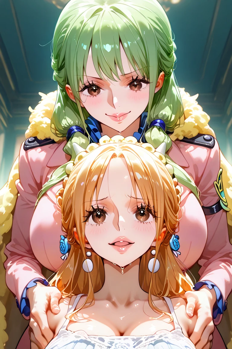 anime scene, 2 girls having sex, (2 women), hentai, on top of each other, having fun, horny, big breasts
