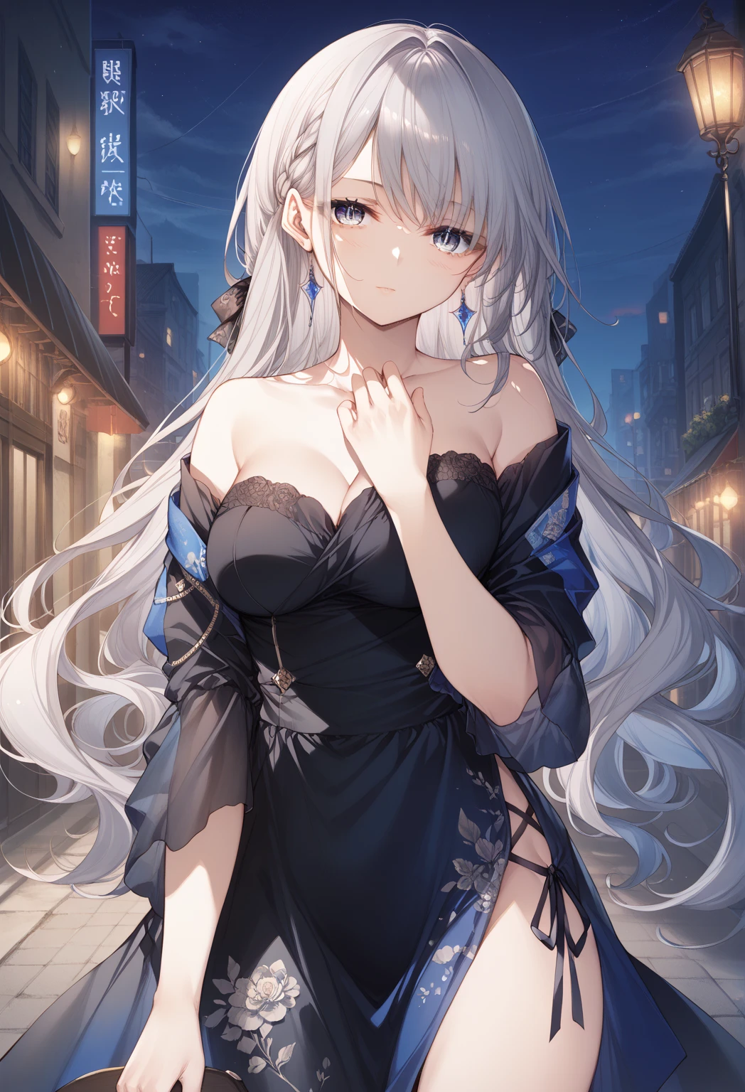 masterpiece, high quality, 4K, Beautiful design, silhouette,Gray Hair, 非常に詳細な夜のStarry Sky,Flower Field, wonderful, Finer details, Very knowledgeable woman, Highly detailed solo, 1 female,Cat ear,Big Breasts,Ninja costume,Night view,Starry Sky,full moon,