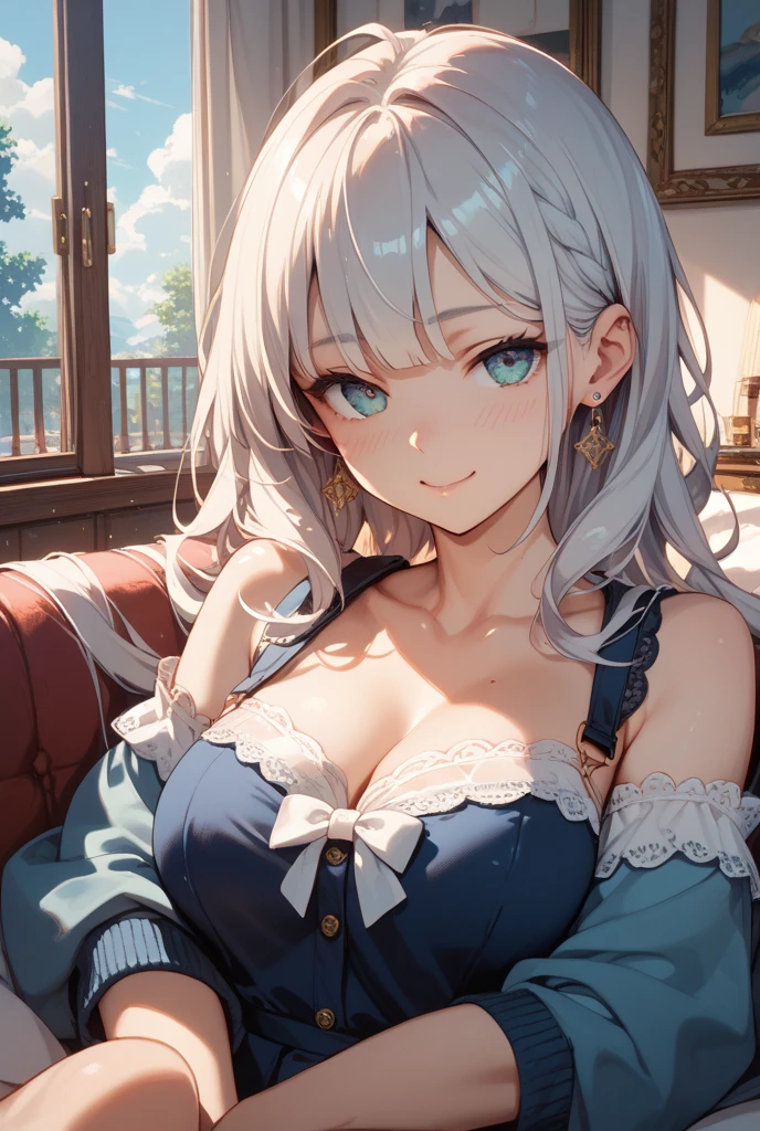 ultra-detailliert, (1girll), 25 years, Clothes that bulge out with large breasts, blush, (looking up at you on the bed:1.4), straight-on, high-level image quality, 8k, Best Quality, Puzzled face, a little silver hair, cleavage of the breast, beautiful blue top and bottom underwear, Beautiful embroidery, Jewel-encrusted design, Exposed udder:1.5,
