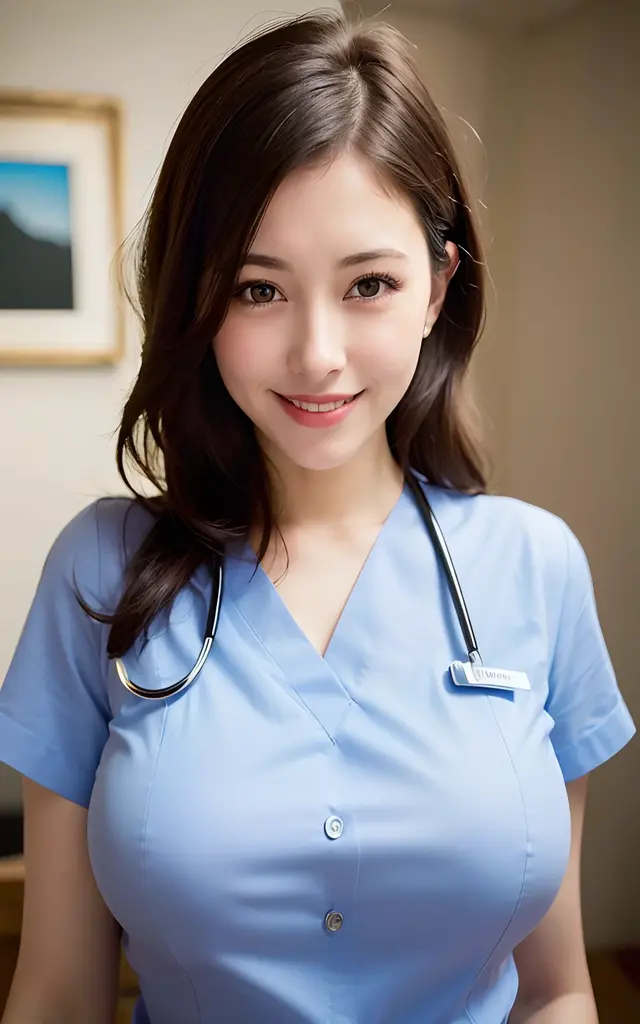 (8k, RAW photo, best quality, masterpiece:1.5), detailed RAW color photograph, (realistic, photo realistic:1.37), 1 woman, nurse uniform, large breasts, smiling, cinematic light, (finely detailed face:1.2), (looking at viewer:1.2),