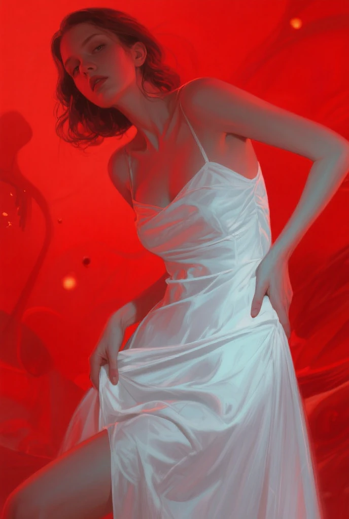 sexy and erotic girl lace dress ,red backdrop, a bright moon (inspirational art by Bill Sienkiewicz, oil painting, brush stroke details that enhance depth)
