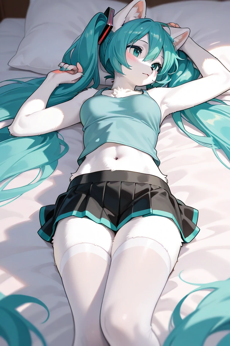 best_quality, realidad, hd 4k, ahegao, hatsune miku, sexy, camisa gris, corbata azul, falda negra, medias negras, muslos grandes, acostada en la cama, sexy pose, pose misionero, piernas abiertas, Pose-cama , Noche, oscuro