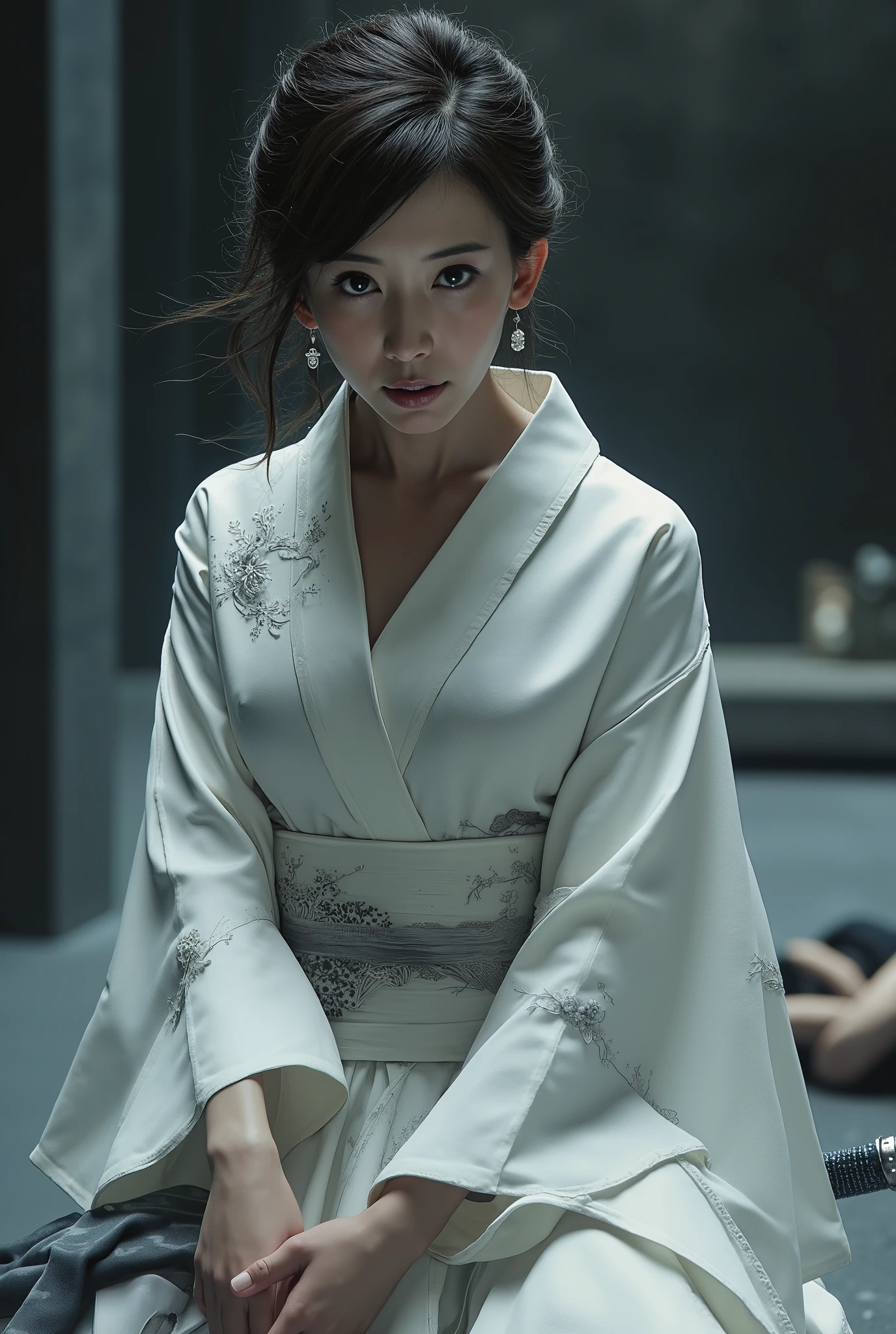 Very beautiful woman, woman holding sword, woman murderous expression, woman luxury white kimono, full body image, woman sexy legs, a boy lying down in floor