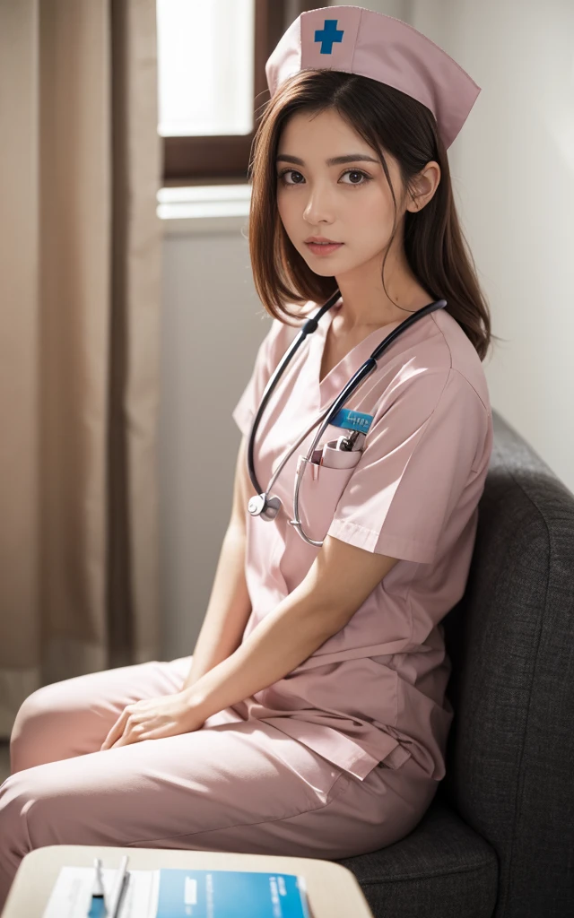 1 girl,(Wearing white nurse clothes:1.2),(RAW Photos, highest quality), (Realistic, photo-Realistic:1.4), masterpiece, Very delicate and beautiful, Very detailed, 2k wallpaper, wonderful, finely, Very detailed CG unity 8k wallpaper, Very detailed, High resolution, Soft Light, Beautiful detailed girl, Very detailed eyes and face, Beautiful and detailed nose, finely beautiful eyes, Perfect Anatomy, Black Hair, Upstyle, nurse uniform, ((nurse cap)), Long skirt, nurse, White costume, thin, hospital, clear, White Uniform, hospital room, Neck auscultation,