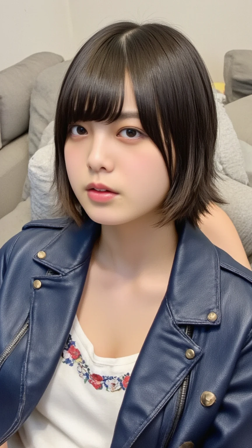 (Chiaroscuro:1.3)、8K、masterpiece、Highest quality、High resolution、Super Resolution、Very detailed、 ((Close-up shot of face)) 、(1 female、、slim、thin、Flat Body)、(Ahoge:1.3)、((Blue clothes with yellow lines))、Gradient effect