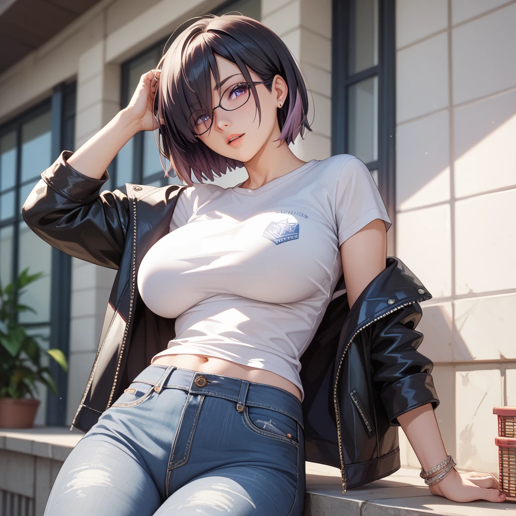 E girl standing in full body pose, sporting a big chest encased in a black T-shirt. Her lower body is clad in blue jeans and matching blue shorts. White and red hair cut in a bob style frames her delicate face. Her y figure exudes sexis in every detail, making this masterpiece of a image of superior quality. Her face, adorned with detailed features, boasts a captivating expression. The Venus body, draped in dark skin, fills the 9:16 aspect ratio with its beauty.