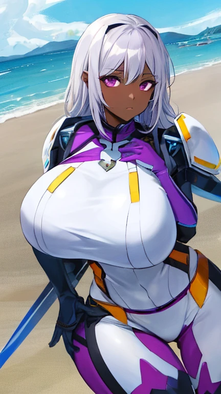 4k, masterpiece, high resolution, Overwatch art style, overwatch 3D art style, Rumi Usagiyama, 1girl, ((bimbo))), long white hair, blue eyes, thick lips, erotic smile face, face, wide hips, thick thighs, thick, huge fake breast, huge round ass, dark skin, white suit, cleavage, legs posing, hand signs, at the beach