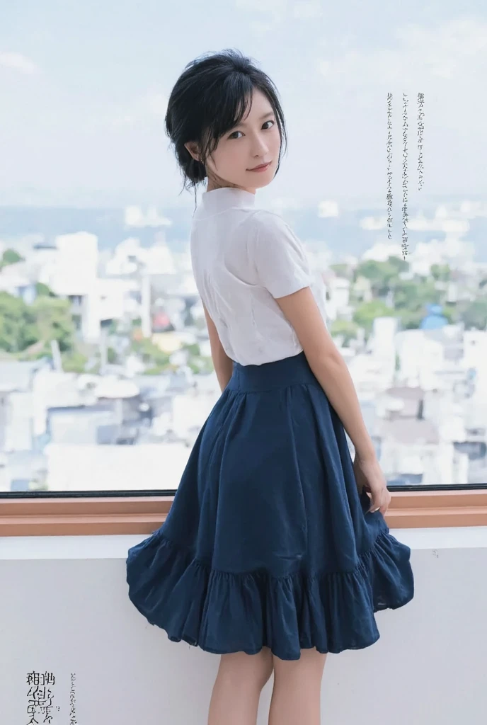 Clouds in the background are the main、Summer sky, Elementary school rooftop、10 year old girl looking at big clouds, facing back、Composition looking up from below, Teenage girl standing on the roof of school building, cute Japanese girls, girl with, Plain clothe, patterned shirt、Skirt, 10 years old female child, no-makeup, (photographrealistic:1.4), taken with canon 5d mk4, taken with canon eos 5 d mark iv, Shot with Canon EOA 6 D Mark II, Highly detailed facial and skin texture, Detailed eyes, Double eyelids, Aori composition, Overhead configuration, (8K, of the highest quality, masutepiece:1.2), (Realistic, Photorealistic:1.37), ultra-detailliert, Portrayal of one girl, Cute, (Realistic, Photorealistic:1.37), taken with canon 5d mk4, taken with canon eos 5 d mark iv, Shot with Canon EOA 6 D Mark II, Highly detailed facial and skin texture, Cute, (Realistic, Photorealistic:1.37), Shot with Canon EOS 6 D Mark II、a baby face、A slight smil