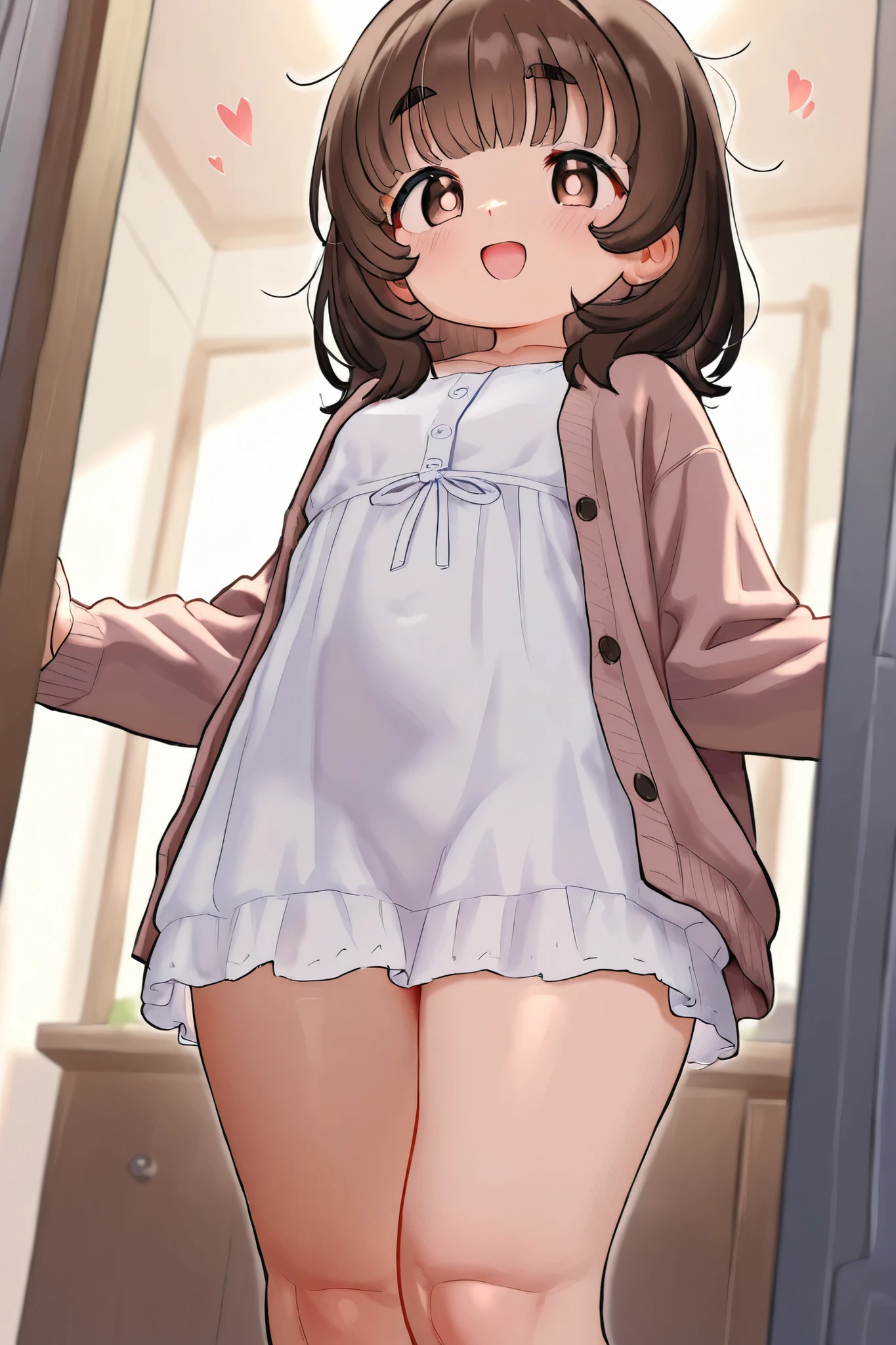 Beautiful slightly large breasts, Brown Hair, Brown eyes, Wavy Short Hair, bangs, blush,  bright, smile,  Baby Face, Round 1, choker,, , Charmed, Droopy eyes, Cute Hair Accessories,  White thigh-high socks, Thick thighs, Pink Cardigan, Nighttime rural scenery, , , nude, Nipples,Take off your clothes,sexy, Cute Panties