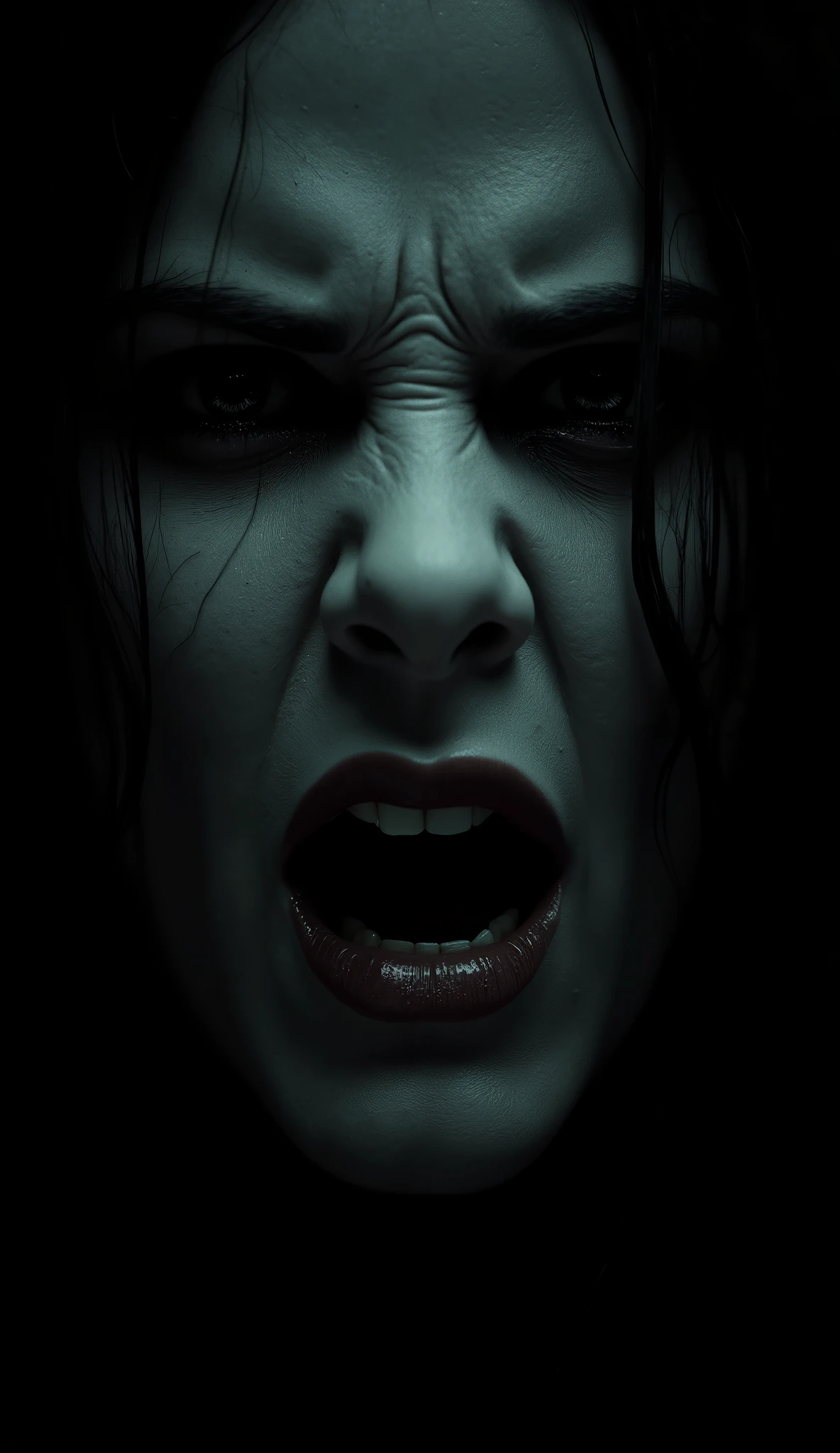 Close-up of the face of a female ghost with a very angry facial expression, Very black background, Very sinister,  terrifying , powerful, lighting chiaroscuro, irritable, Cinematic, hyperrealistic, 8K, highly detailed, Photorealist, (best quality,4k,8K,highres,masterpiece:1.2), Ultra-detailed,(realista,Photorealist, photo-realista:1.37),portrait, Cinematic lighting, dark and moody atmosphere, intense look, focus, dramatic shadows, Cinematic style