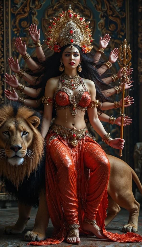 a mythological beast, the body of a leopard, containing 7 heads, with horns, plus a sensual woman, full of jewels, dressed in a long red dress, with a golden cup in her hand.