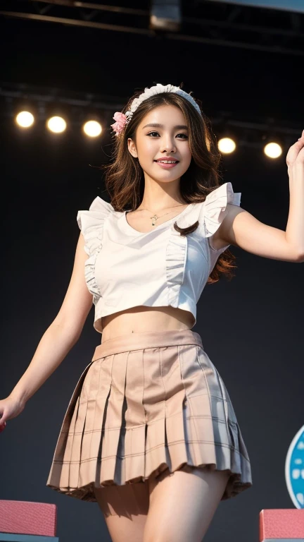 A happy, smiling woman with loose hair, wearing a kpop outfit, standing on a stage. The stage is illuminated with soft and warm lighting, creating a vibrant and energetic atmosphere. The image is of the best quality, with high resolution and ultra-detailed rendering. The woman's Korean ethnicity adds to the cultural context of the scene, and her loose hair adds a sense of freedom and movement. The realistic portrayal of the woman and her outfit captures every intricate detail, making the image feel lifelike and engaging. The vibrant colors further enhance the energetic mood, while the soft and warm lighting adds a comforting and welcoming feel to the scene.