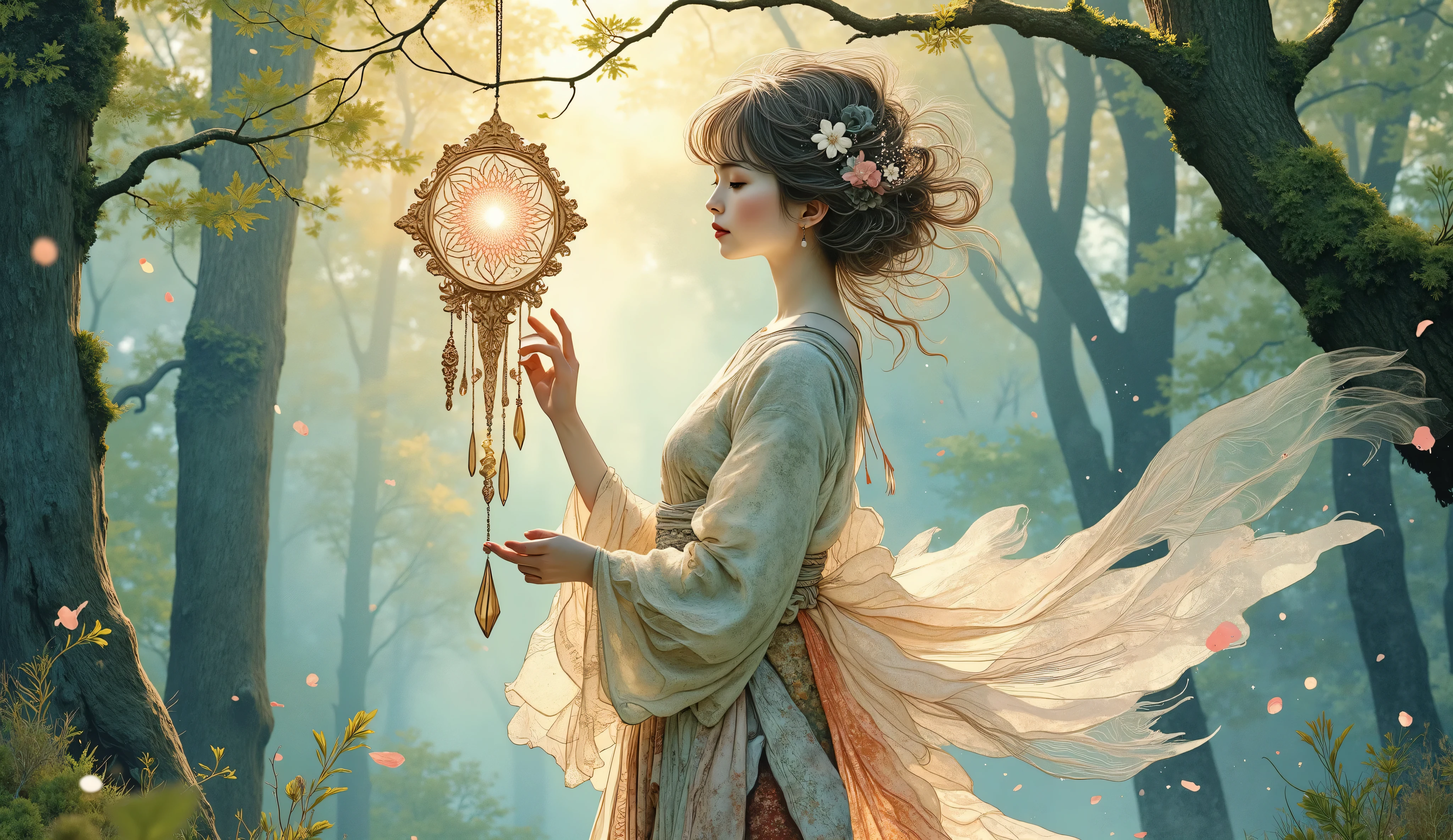 Ethereal female forest spirit made of translucent smoke, delicately touching a hanging Japanese furin wind chime, enchanted forest setting, dappled sunlight filtering through trees, floating pollen particles, gentle breeze, mystical atmosphere, soft diffused golden hour lighting, whimsical fantasy art style, dreamlike quality, semi-transparent form with flowing movement, Studio Ghibli inspired, Makoto Shinkai color palette, digital painting with watercolor textures, soft pastel colors, teal and pink gradients, subsurface scattering, volumetric lighting, particle effects, highly detailed, 8K resolution, dreamy bokeh background, magical forest spirits, Japanese mysticism, serene expression, glowing ethereal aura, intricate furin design, traditional Japanese garden elements, floating cherry blossom petals, cinematic composition, fantasy illustration, magical realism