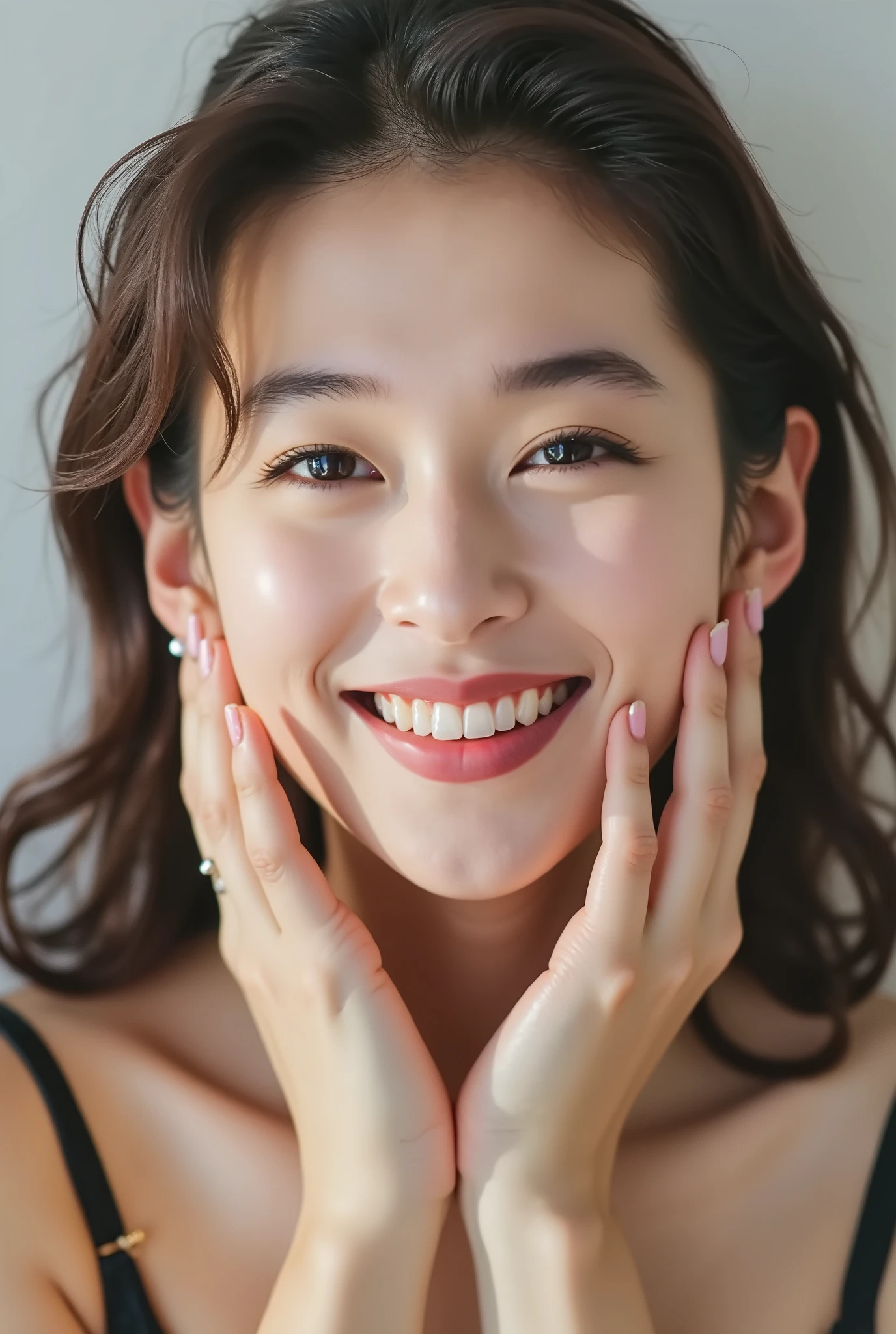 extreme close-up of a stunning modern Japanese girl, soft glowing dewy skin with a natural blush, cheeks deeply flushed from shyness, slightly parted glossy lips in a shy, joyful smile, upper teeth just barely showing, eyes moist with a gentle tear line glistening, eyes half-lidded and looking up slightly with a bashful yet affectionate gaze, irises sparkling with soft emotion, large heart-shaped catchlights reflecting a dreamy aura, pupils dilated, gently lowered eyelids showing bashfulness and happiness, both hands softly resting near her cheeks, fingers relaxed but slightly curled as if holding back excitement, head tilted shyly to one side (~30 degrees), flowing soft brown hair, wearing a simple yet elegant black camisole with thin straps, pure white soft background, face occupying 95% of the frame, cinematic soft lighting that highlights her glowing skin, sweet and dreamy expression, overflowing happiness with a touch of shyness, glowing with warmth, smiling warmly with just a hint of hesitation, feeling overwhelmed with love and affection, full of sweet, bashful adoration, modern Instagram-inspired beauty with realistic high-definition detail