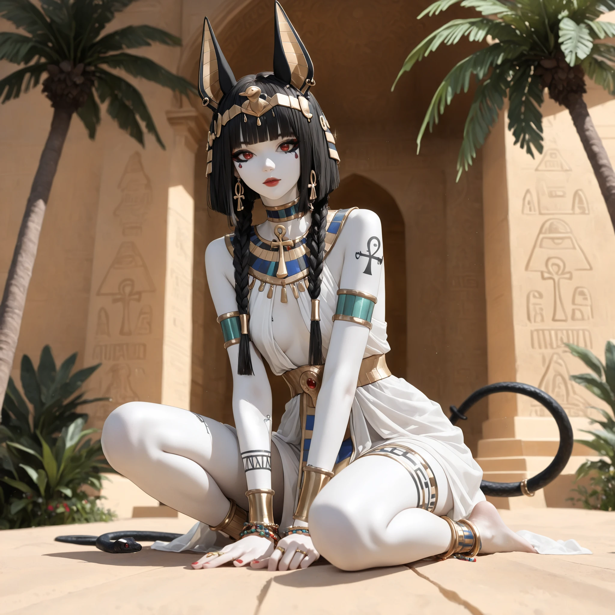  (High quality CT,4K,High resolution,main part:2.3),Very detailed,realistic:1.37,Best quality,masterpiece, high resolution,on_body, Tyndall effect,photorealistic, edge lighting, Two-color backlight,(high definition of skin:2.3), (8K UHD, DSLR quality, soft lighting, high quality, surround lighting, sincere, de 8K , 4k, 8K.) An Egyptian princess. A  girl with an elegant slim build, a narrow waist, and small almost flat breasts. She has white skin with Egyptian tattoos. She has red eyes. She has Egyptian makeup: blue eye shadow, black Egyptian eyeliner. She has a black Egyptian square wig on her head, consisting of many braids decorated with gold beads. On her head she wears an Egyptian tiara with a snake and lotuses. She is wearing a white Egyptian tight Kalazaris dress. on her neck she has a wide collar consisting of many rows of gold beads made of colored Egyptian gold. She has ankh-shaped earrings in her jackal ears on her head.  She has gold rings on each finger, and rows of gold bracelets on her wrists and ankles. She's barefoot. she has black  tail with gold jewellery. IN the background: an Egyptian temple surrounded by an oasis.blooming palm trees, blooming tropical flowers. Egyptian pyramids, desert.