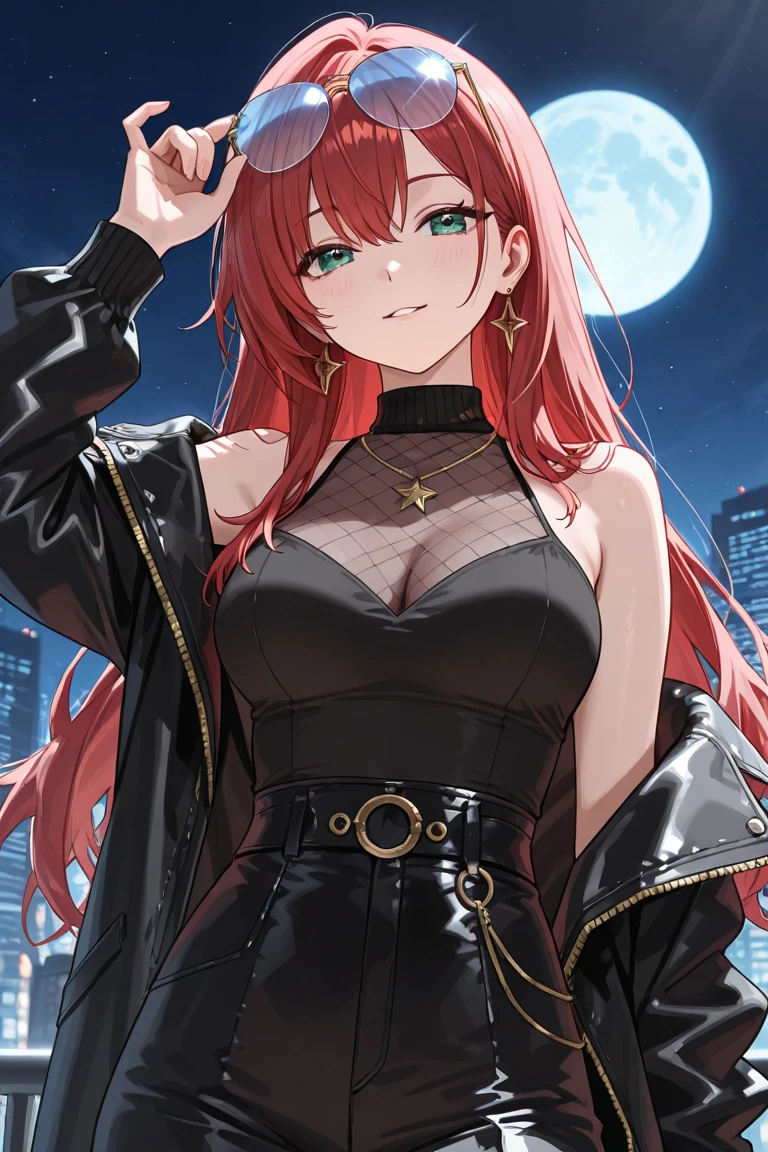 saturated red hair, Princess Hair, very long twintails, large full breasts, Glossy skin, Pink lips, Peach-colored cheeks, Blue eyes, Golden earrings, Shining starry sky, Rin々Shishi Face, A slight smil, arm, Black jacket, white shirt inside jacket, Navel is visible, I can see my stomach, Black tight pants, thick belt to decorate pants, Facing up