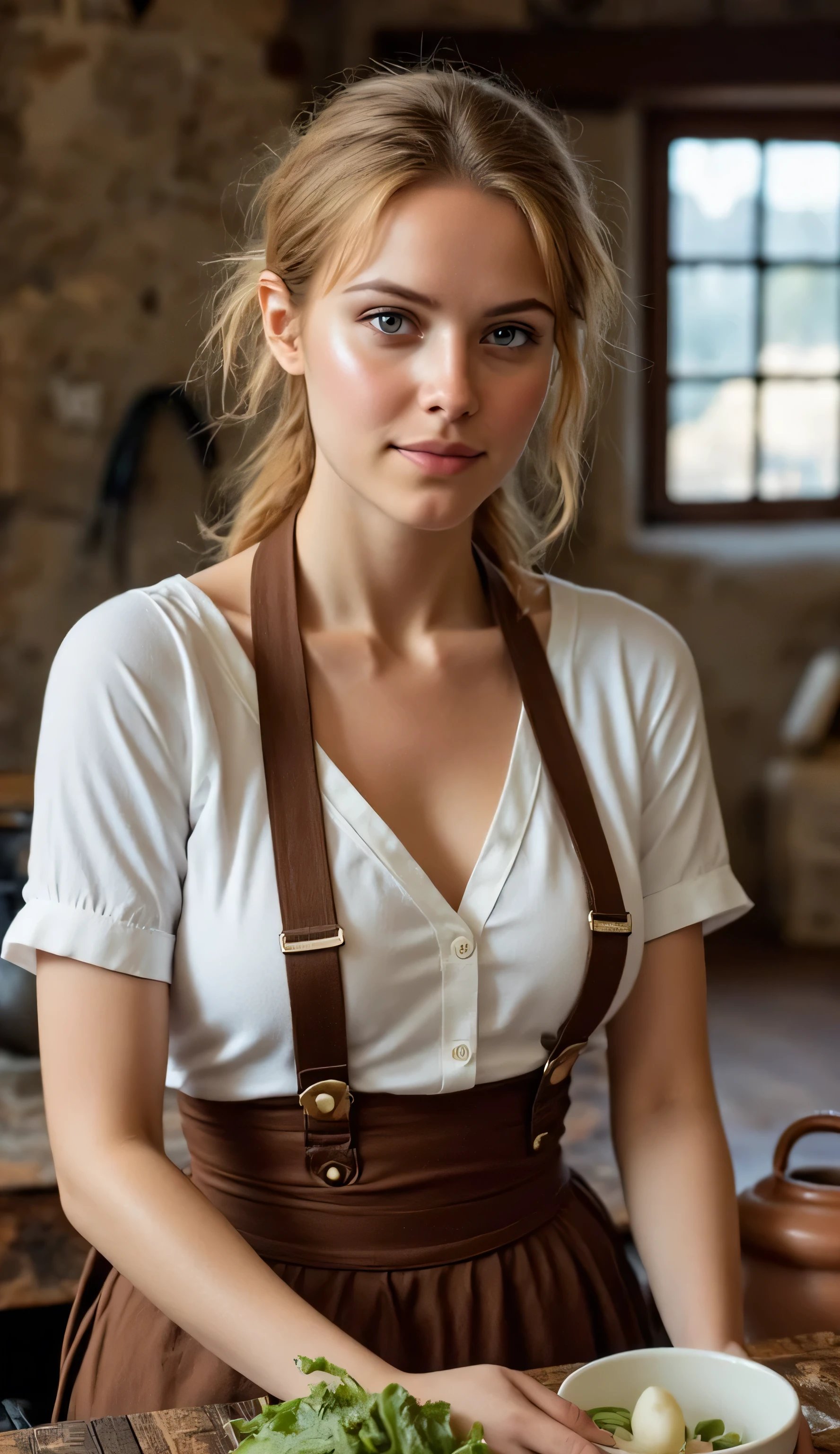 ((realism, photorealistic, life-like photograph)), messy blonde hair top ponytail updo , slight ginger highlights , dark suntan , modest Russian female supermodel , she is a tavern wench in a medieval white linen shirt and a plain animal hide dress, medieval button suspenders, skin detail, dusty sweaty skin, tired expression , bright blue eyes , cheerful morning sunrise lighting, gentle reflections, mood of early morning calm, background bokeh medieval kitchen indoor, she's cooking food with ancient clay pots and wooden cooking tools, she's working at a rough wooden table with fresh vegetables on it, there's a hearth with a cozy fire in the background