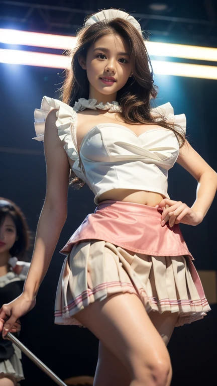 masterpiece, (hyperrealistic:1.2), (professional photograpy:1.1), background blur, 1girl, 35 years old Korean Women, KPOP Idol, close mouth, front view from extremely low angle, (cameltoe:1.2), see-through shiny sleeveless clothing, low waist glittery pencil-skirt, partially unbuttoned shirt, smooth pantyhose, panties seeing through legs, light-pink, floating hairs, cleavage, huge breast, extremely detailed skin, concert, (standing and spread legs:1.25),front low angler surface light,