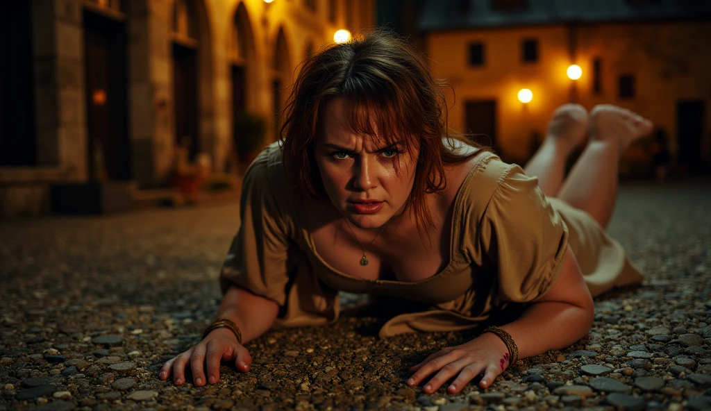8K ultra-detailed image of Eliza May Carter (34) with her hands tied behind her back, barefoot, being dragged across gravel in the village square. Her beige dress is torn, auburn hair falling loose, green eyes clenched shut in pain. Realistic lighting from torches casts harsh shadows on cobblestones. Camera positioned low, capturing her feet and rope-burned wrists in extreme detail.