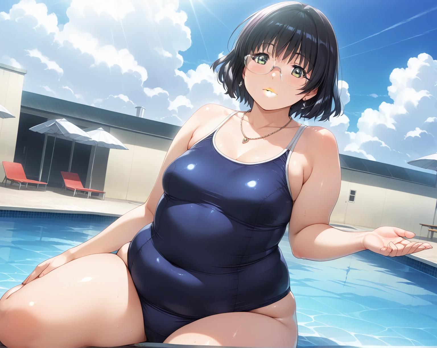(((kipteitei art))), Masterpiece, high quality, best quality, beautiful, HD, perfect lighting, detailed face, ultra cute face, detailed body, ((2girls)), medium hair, messy hair, ponytail, green eyes, looking at viewer, nervous smile, sexually suggestive, ((masochism)), (embarrassed), (((aroused))), sweating, ((blush)) large breasts, cleavage, covering, perky breasts, ((massive hips)), (((thick thighs))), (((thicc))), ((self fondle)), ((((belly grab)))), (she has a jiggly fat belly), (((chubby))), ((chubby belly)), ((((fat folds)))), belly hang, bikini, ((undersized bikini)), in public pool, facing to the side, dynamic angle, ((2 girls standing next to each other)), she is embarrassed but it turns her on,
