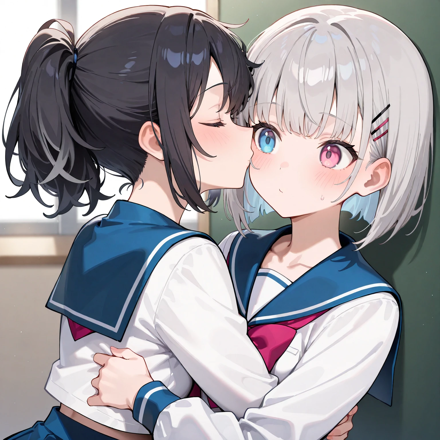 highest quality,wonderful,finely,extremely detailed CG Unity 8K wallpaper, (1 huge penis:1.3), (2 girls, black hair,twin tails), (cooperative_fellatio:1.3), (symmetrical docking:1.2), (gigantic breasts:1.1), (long tongue:1.2), (mouth drool:1.2)