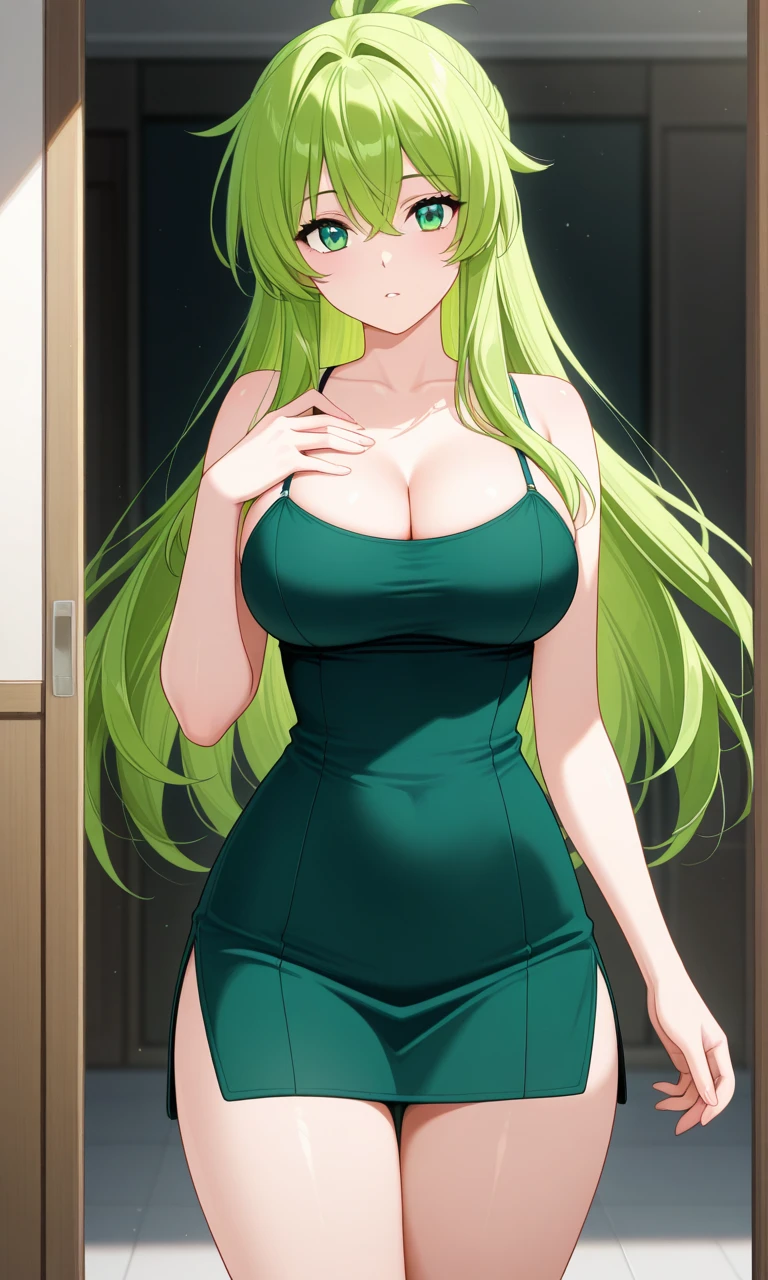 (((masterpiece))), ShizukaMikazuki, 1girl, solo, looking at viewer, long hair, green hair, long sleeves, cleavage, large breasts, closed mouth, collarbone, naked.