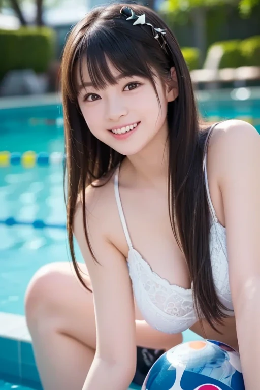 (((Highest quality))) ((masterpiece)) ((Real beautiful girl)) Talented Girls (Cute face) clear ((Ba Swimwear ((bikini)) Pool (Slim figure) ((Small breasts)) (whole body) he is short smile Creating Bangs