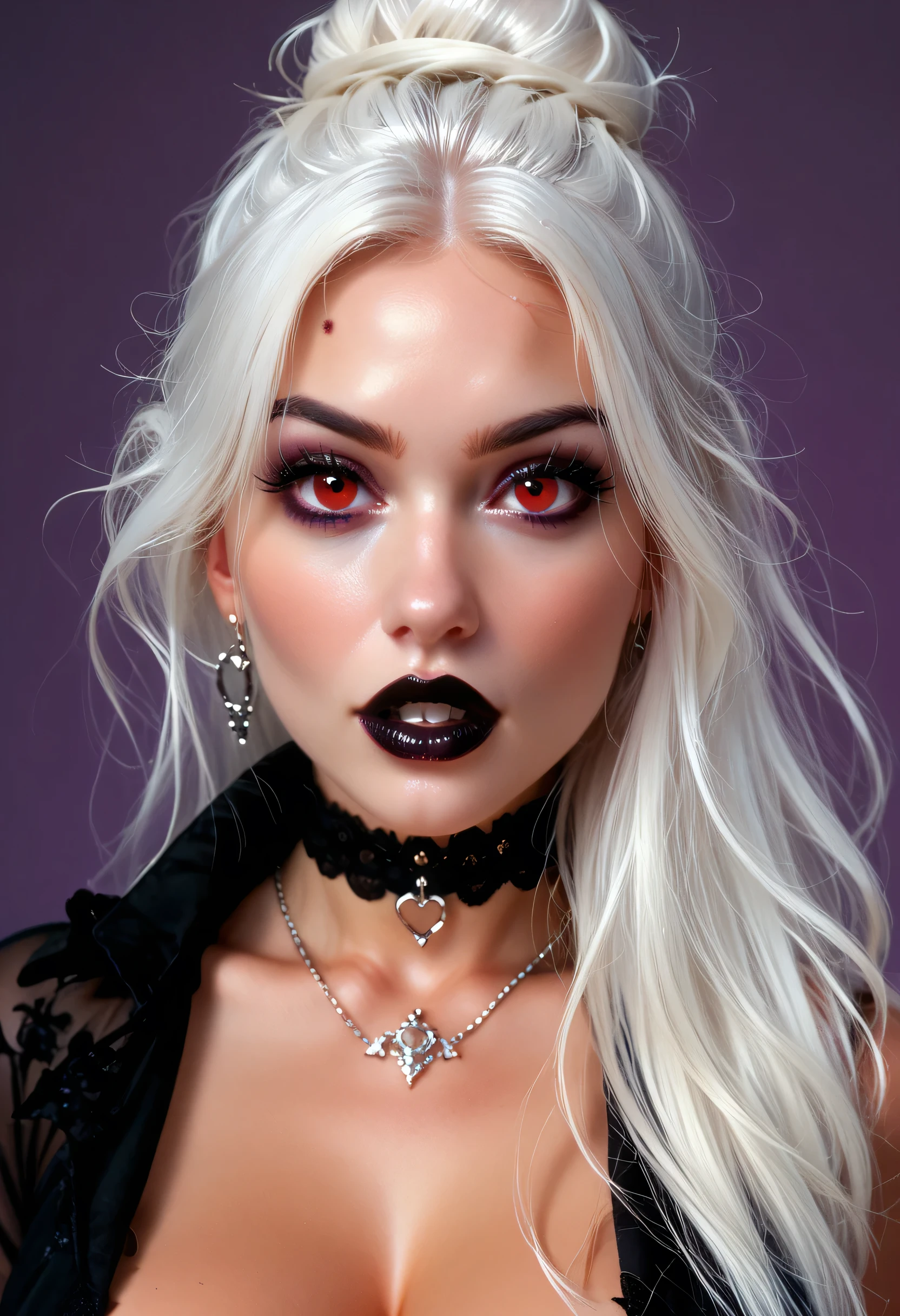 ((Female Vampire)), simple background, (white hair high bun, forehead), black thin eyebrows, red eyes, black eyelashes, black eyeliners, purple eyeshadows, nose, black lips, thick lips, parted lips, large breasts, female vampire dress, necklace, choker, looking at viewer