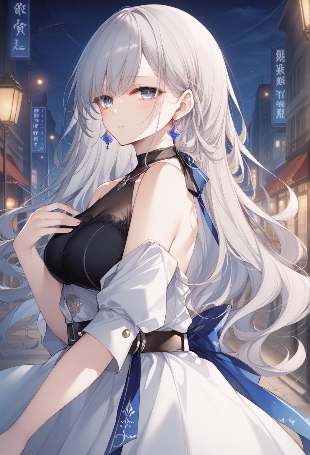 st. louis (luxurious wheels) (azur lane), hair ornament, portrait, silver dress, revealing clothes, necklace, blue nails, cityscape, night, rain, wet, (masterpiece:1.4),(best quality:1.4),realistic,fashi-girl,makeup,red lips,looking at viewer, solo,earrings,8k,best quality, masterpiece, purple eyes,beautiful light,background is a supercar,