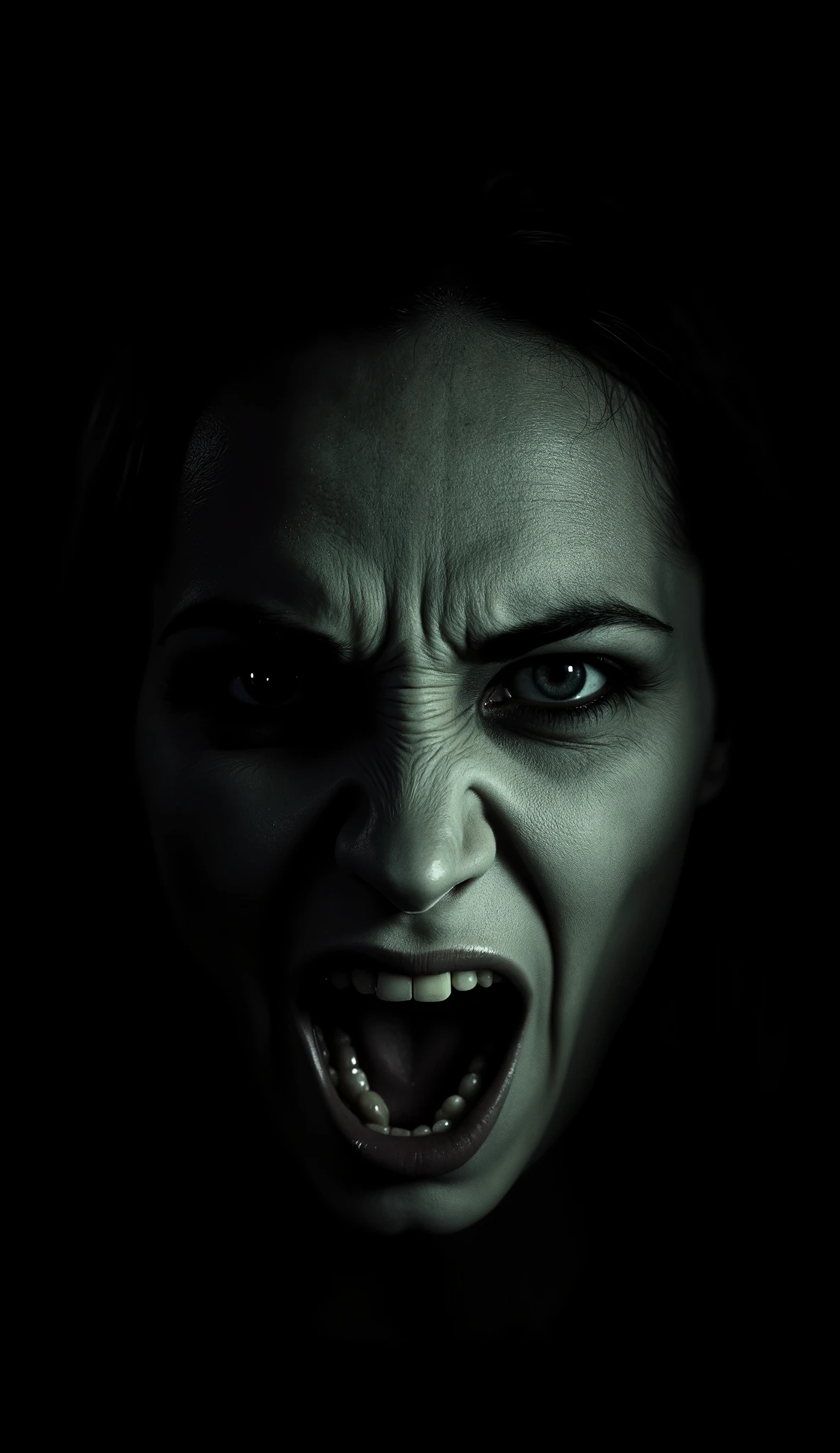 Close-up of the face of a female ghost with a very angry facial expression, Very black background, Very sinister, terrifying , powerful, lighting chiaroscuro, irritable, Cinematic, hyperrealistic, 8K, highly detailed, Photorealist, (best quality,4k,8K,highres,masterpiece:1.2), Ultra-detailed,(realista,Photorealist, photo-realista:1.37),portrait, Cinematic lighting, dark and moody atmosphere, intense look, focus, dramatic shadows, Cinematic style