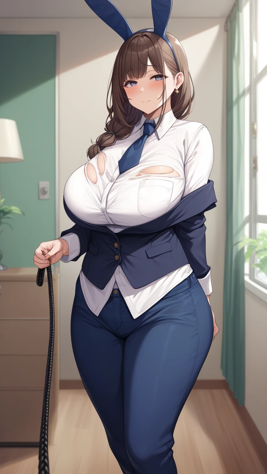 A plump and chubby brunette woman in a small elevator wearing professional attire