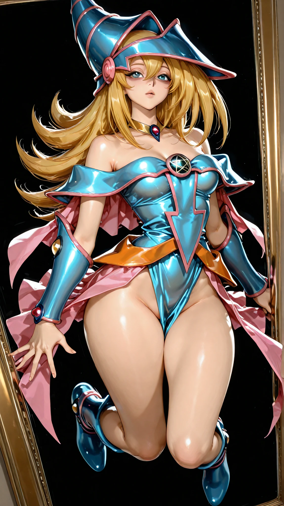 black magician girl、super chestousthick、very blonde hair、magic circle、8k, 4k, of the highest quality, High resolution: 1.2),flicker、an exposed breast、cute anime face、pink blush on the cheeks.、noise removal、Leotard that bites、have a cane、Hold your cane、