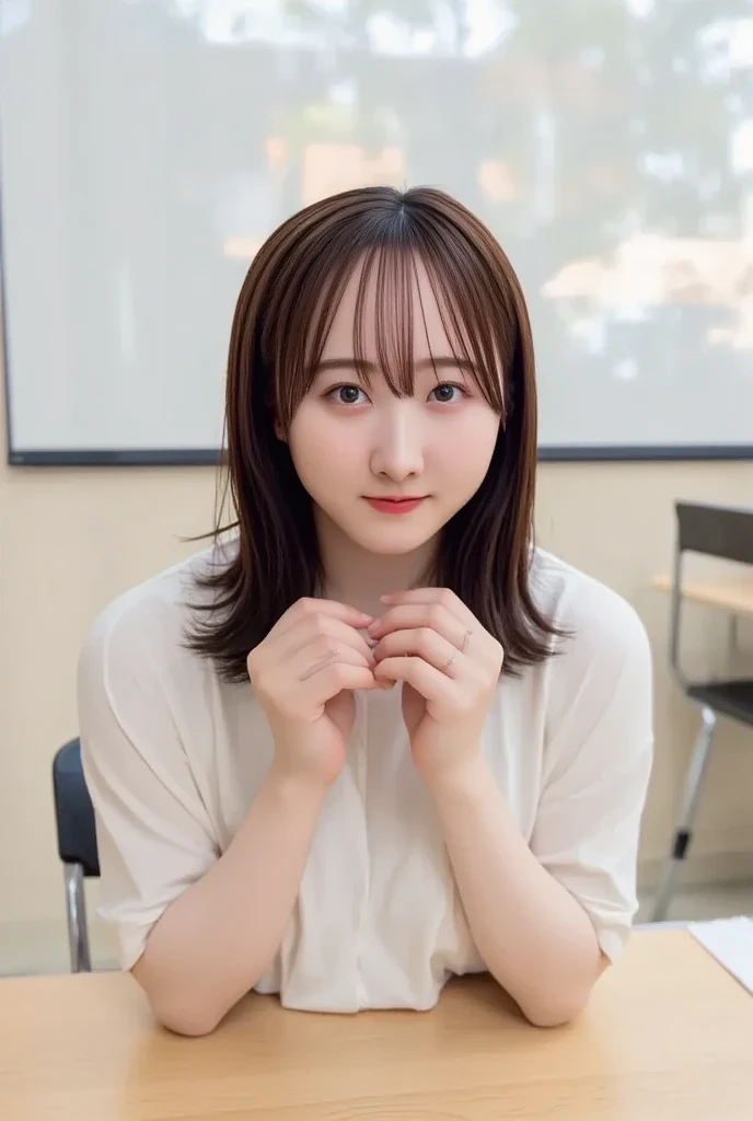Highest quality, Very detailed、High resolution, 8k wallpaper, Flawless、Small breasts、female teacher、Sleeveless shirt、smile、Big Eyes、Innocent expression、Shy laugh、short hair、staff room、School、