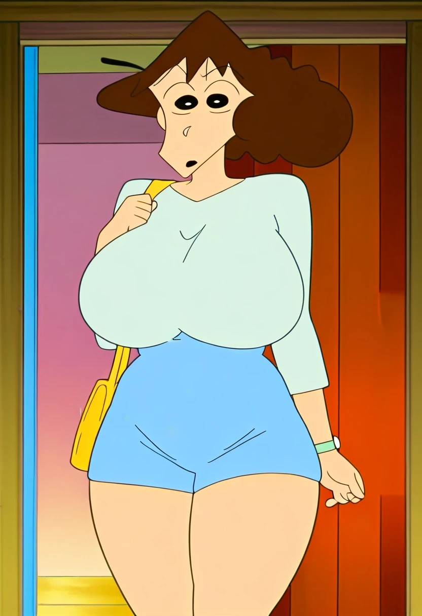 A tall girl, sexy, beautiful, big breast, cute, long brown hair, her red eye, wears a short white beach shirt, shows her chest, a black bra, and a short blue short, a brown belt, and a black heel.