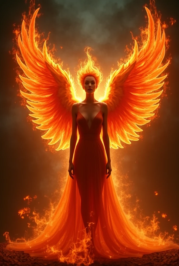 a fire resembling the silhouette of a woman, phoenix, dramatic lighting, atmospheric, cinematic, dark fantasy, dramatic, moody, intense colors, warm colors, glowing embers, intricate details, realistic, photorealistic, 8k, ultra-detailed, sharp focus, masterpiece