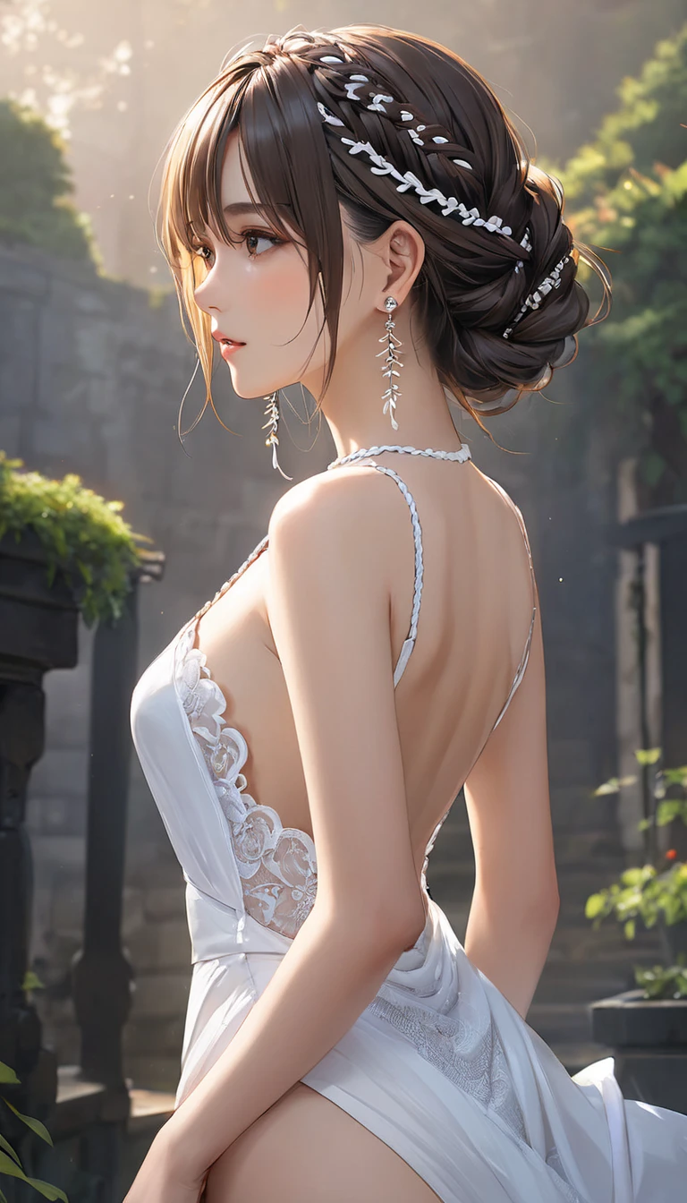 (masterpiece:1.2, highest quality), realistic, (real picture, intricate details, Depth of the bounds written,High-neck clothes), parted lips, very detailed, perfect face, perfect body, large model,
mature woman, expensive, long legs,
natural bokeh background,Costume with large open chest,revealing costumes,The lower body is only underwear,Only the upper body is dressed,random hairstyles,back view