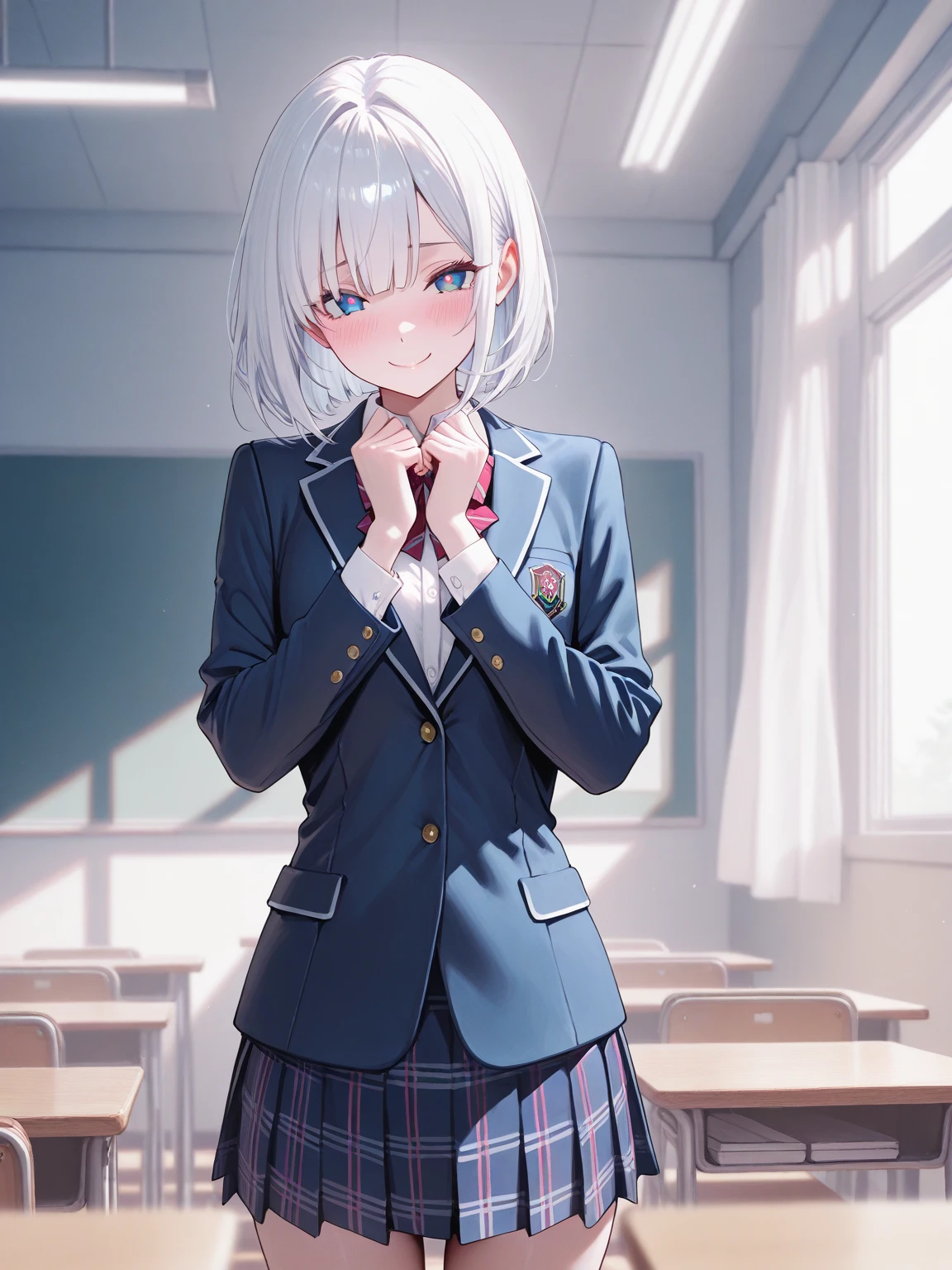 masterpiece:1.5, best quality, amazing quality, 8K, 1girl, white silver hair, bob with bangs, blue pupils, shy smile, skinny body, school uniform, jacket, plaid skirt, blazer, soft white lighting, simple clean light, (in the class room),