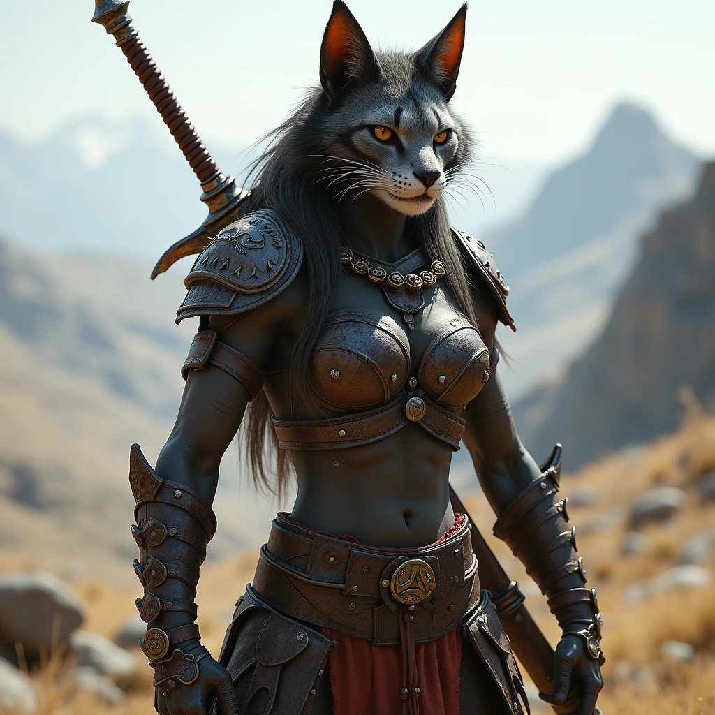 A female Khajiit futanari,  partially naked in armor, furry , medieval market scene, giant penis, erect penis volume in clothes 