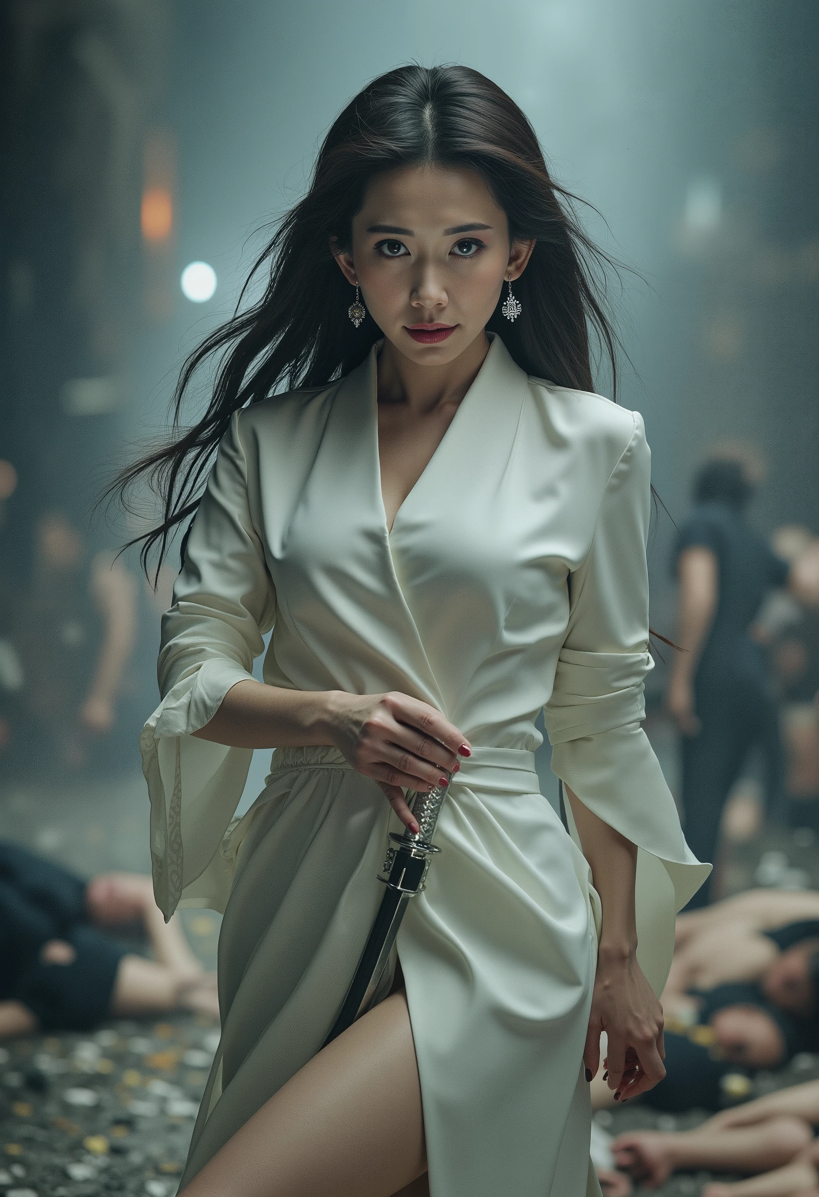 Very beautiful woman, woman holding sword, woman murderous expression, woman luxury white kimono, full body image, woman sexy legs, people have died lying everywhere