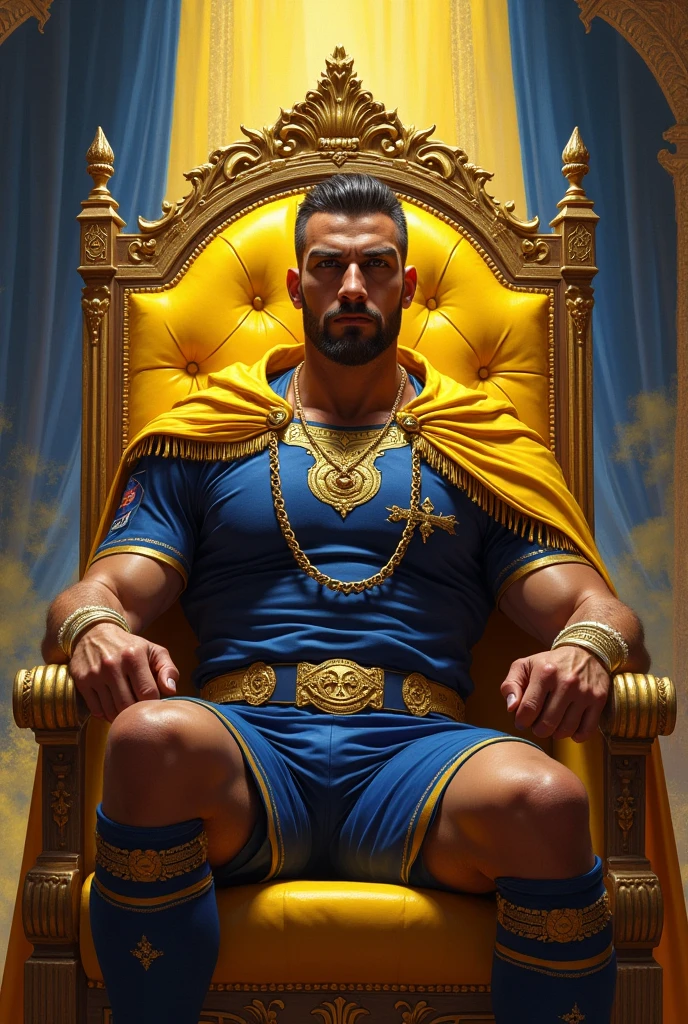 full body view, a muscular white european over-bodybuilded but looking fragile handsome man with undercut clean haircut of his brown with gold blonde streaks haircut, golden socks, indigo and gold neo-byzantine futuristic tight silky fullsuit, no shoes, gold rings, necklaces, bracelets, piercings, earings, pierced nipples with gold rings and chains, with gold and indigo futuristic mosaics behind the golden and lapis lazuli throne on which he's lying, looking boring. a crowd of poor people begging him from around the throne hall