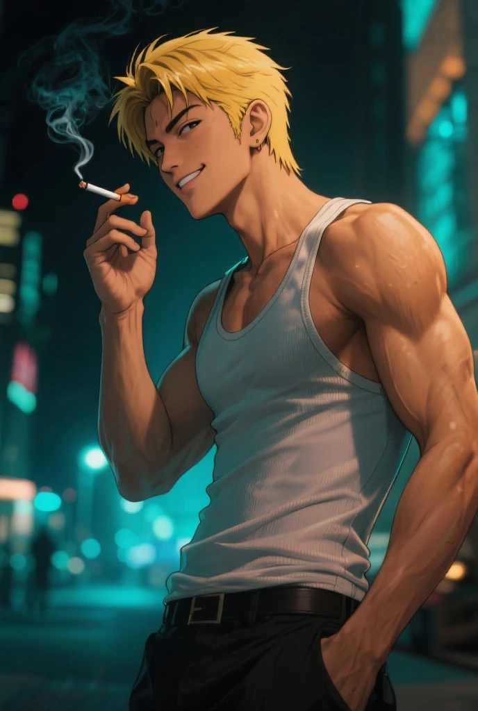 Homem corpo adulto, ((cabelo blond)), roupas Satoru gojou, fundo neon, cabelo longo, mastigando chiclete, sentado no bar, thunder, nevoa
