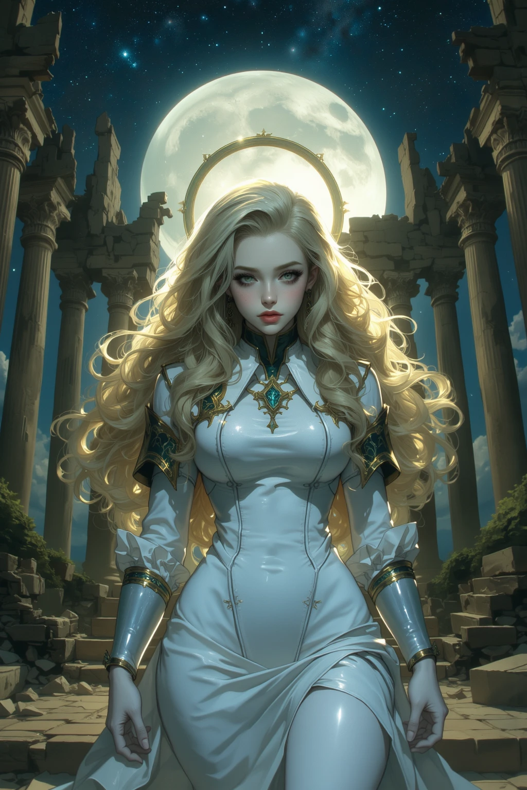 ((best quality)), ((Meisterwerk)), (detailed), perfektes GesichtCelestial Queen extends her luminous beauty and light tbefore her mortal girlfriend enlighting her surroundings without any comprehansion, cosmic beauty, embodiment of beauty and lluminous grace inspired in perfect gown, ethereal flawless,luminous dress, fairytale capturing the universe beauy, flowing, luminous grace, more luminous lightfull splendor, radiance brilliane, blonde luminous hair, all-white gown made out of moonbeams and stardust, ultra hd, realistic, vivid colors,highly detailed, UHD drawing, pen and ink, perfect composition, beautiful detailed intricate insanely detailed octane render trending on artstation, 8k artistic photography, photorealistic concept art,soft natural volumetric cinematic perfect light