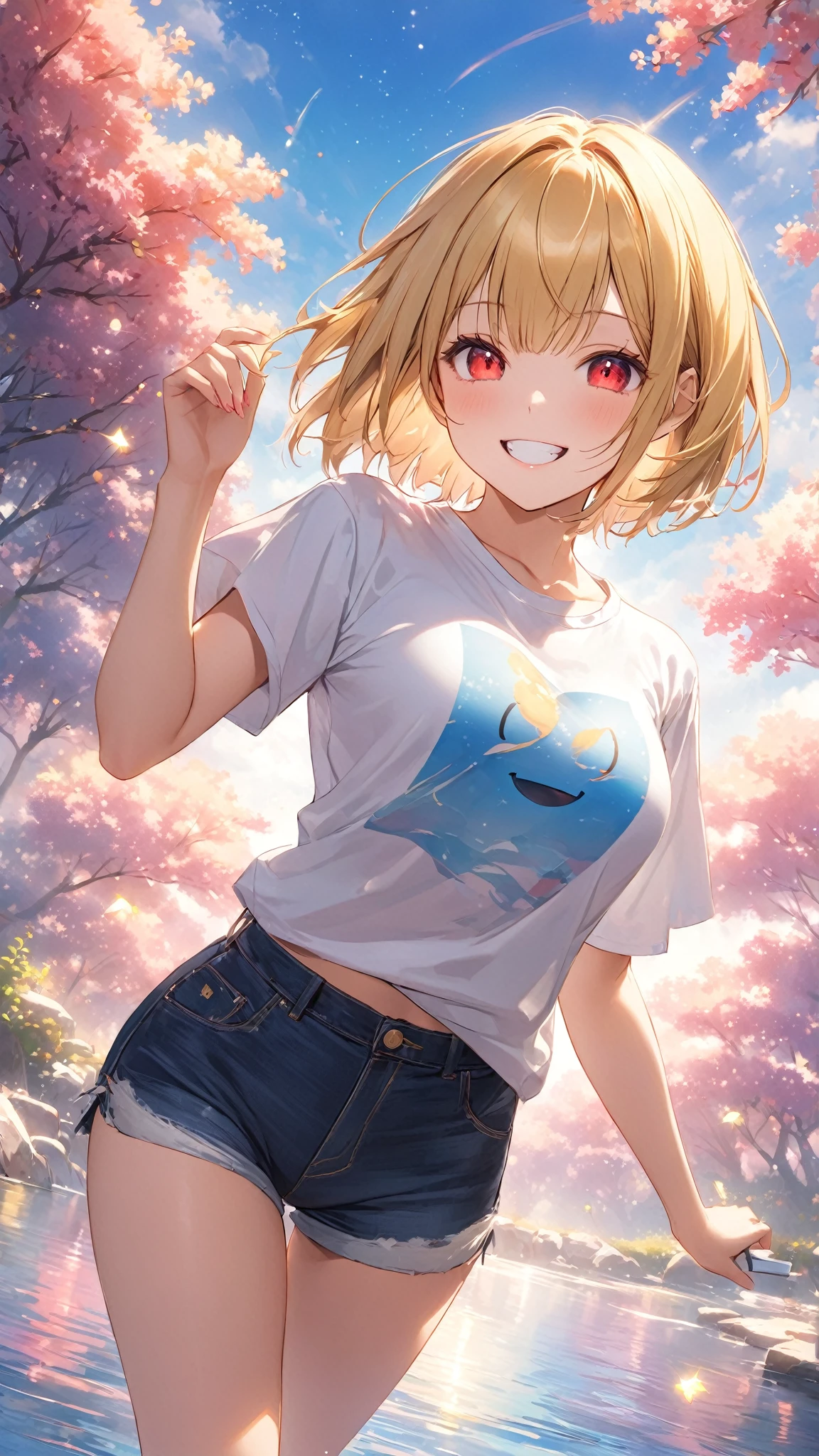 ((highest quality)), ((masterpiece)), (detailed), Perfect face girl, T-Shirts, Upper Body, Nice smile、(LOL:1.1), (Open your mouth:1.1)、Large Breasts、Sauvage、field、Flowers Bloom、(Eyes Wide Open:1.2), Sun glare, Bokeh, Depth of written boundary, Blurred Background, Particles of light, Strong winds, (Heart Particles:1.1)