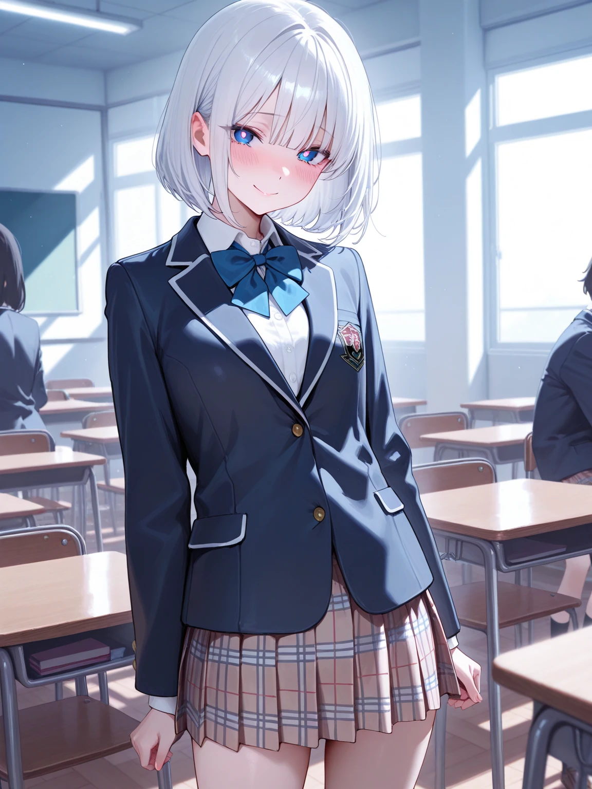 masterpiece:1.5, best quality, amazing quality, 8K, 1girl, white silver hair, bob with bangs, blue pupils, shy smile, skinny body, school uniform, jacket, plaid skirt, blazer, soft white lighting, simple clean light, (in the class room),