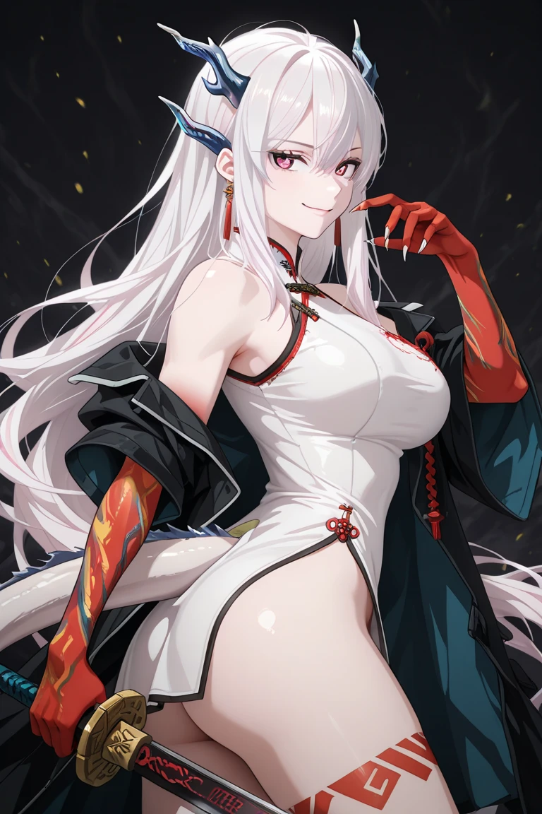 milf,(black skin:1.2), long white hair, devil horns, red eyes, devil princess dress, open chest, inner flank, under the chest, wide neckline, smirk, open your stomach, masterpiece, high quality, big bust, wide hips